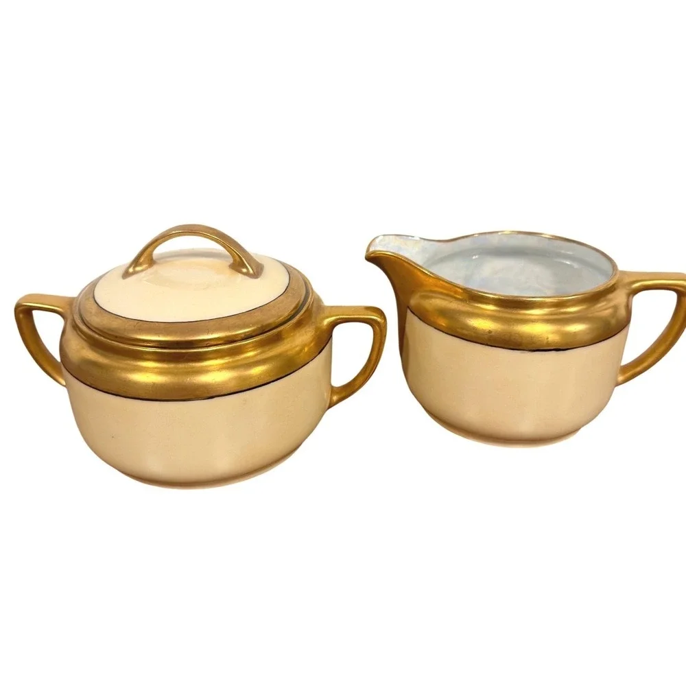 VTG 1940s Germany F.D. Husf Cream Gold Gilding Trim Sugar Bowl Lid & Creamer Set